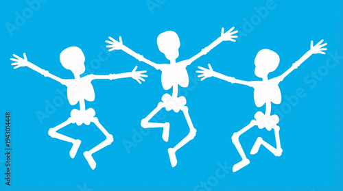 Three white cartoon skeletons dancing joyfully against a vibrant blue background, celebrating with raised arms and bent legs.