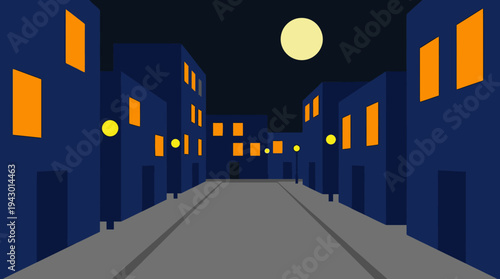 A stylized dark blue city street at night with glowing yellow windows and streetlights under a full moon, rendered in a minimalist graphic style.