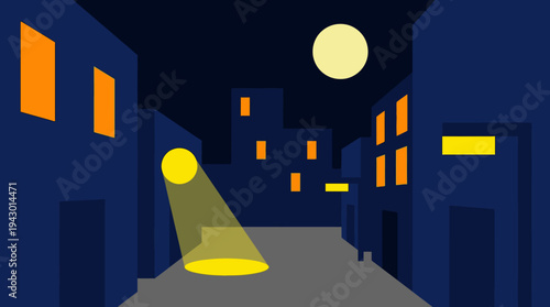A minimalist, stylized night scene with dark blue buildings, glowing orange windows, a full moon, and a streetlamp illuminating a dark street.