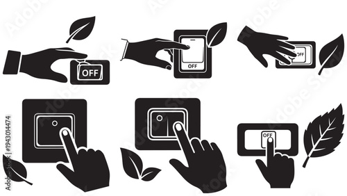 Hand Turning Off Light Switch Icon with Leaf — Energy Saving Minimal Black-and-White Solid Silhouette, Flat Vector, Isolated on White