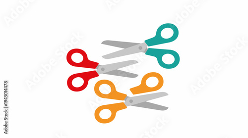 Three colorful pairs of scissors in red, orange, and teal arranged on a white background.