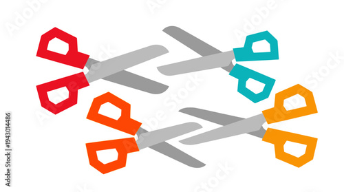 Four colorful pairs of scissors with red, blue, orange, and yellow handles arranged in a symmetrical pattern on a white background, flat illustration.