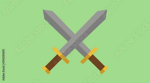 Two crossed swords with golden hilts and brown grips on a plain light green background, depicted in a flat design style.