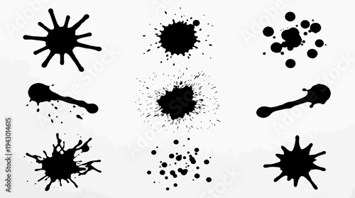 A collection of nine distinct black ink splatters and paint splashes on a clean white background, showcasing various organic and abstract shapes.