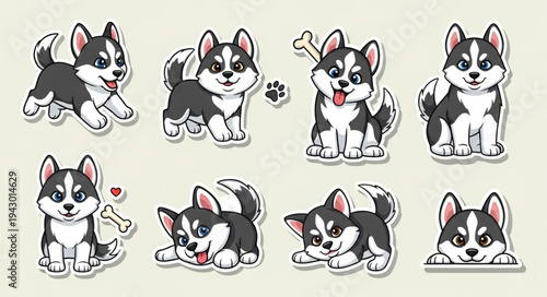 Cute Husky Puppies Collection Various Poses and Expressions.
