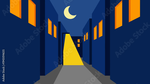 A dark blue alleyway at night with a crescent moon and a single street light illuminating the path between buildings with orange-lit windows.