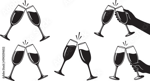 Black and white wine glasses celebration toast illustration set