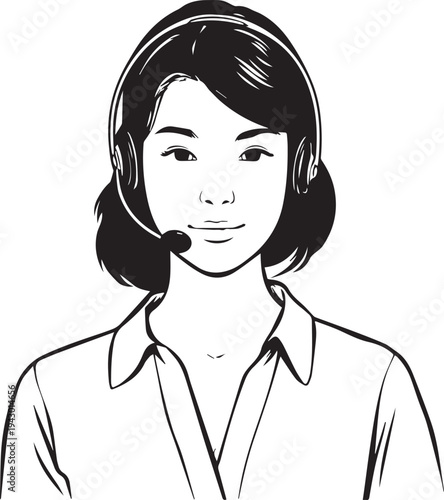 Hand Drawn Female Customer Service Agent Black and White Avatar Illustration in Minimal Line Art Style Design