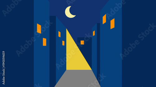 A minimalist illustration of a dark city alley at night with tall blue buildings, a bright yellow light at the end, and a crescent moon in the sky.