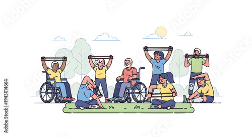 Diverse people exercising outdoors, yoga and fitness