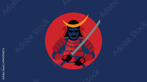 Stylized graphic illustration of a samurai warrior in blue and red armor holding a katana against a red sun disc on a dark blue background.