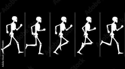 A sequence of five white skeleton figures illustrating the phases of a running animation cycle on a black background.