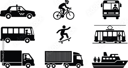 Transportation and mobility icon set featuring taxi, bicycle, bus, tram, truck, cargo vehicle, skateboarder and passenger ferry silhouettes