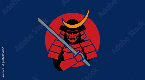 A stylized graphic illustration of a fierce samurai warrior in red armor holding a katana sword against a red circle on a dark blue background.