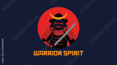 A stylized samurai warrior in red armor with a golden crescent helmet and katana sword, against a red circle on a dark blue background, with "WARRIOR SPIRIT" text.