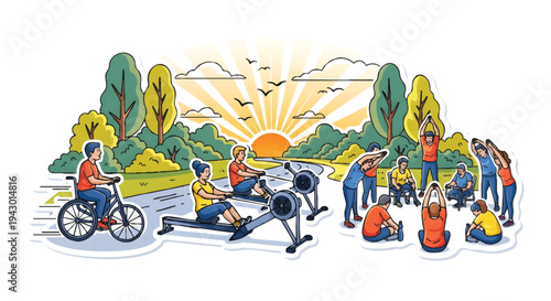 people exercising outdoors at sunrise in park