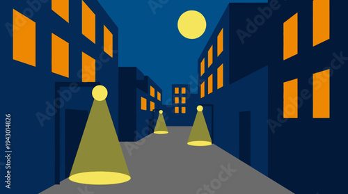 Stylized illustration of a quiet city street at night with glowing windows, streetlights, and a full moon in a dark blue sky.