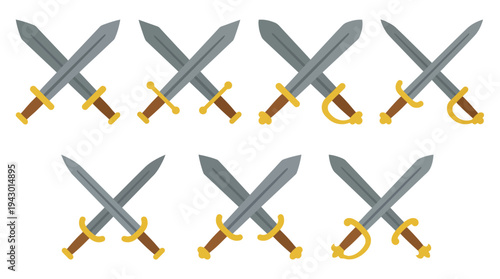 Eight pairs of stylized crossed swords with grey blades and golden hilts arranged on a white background.