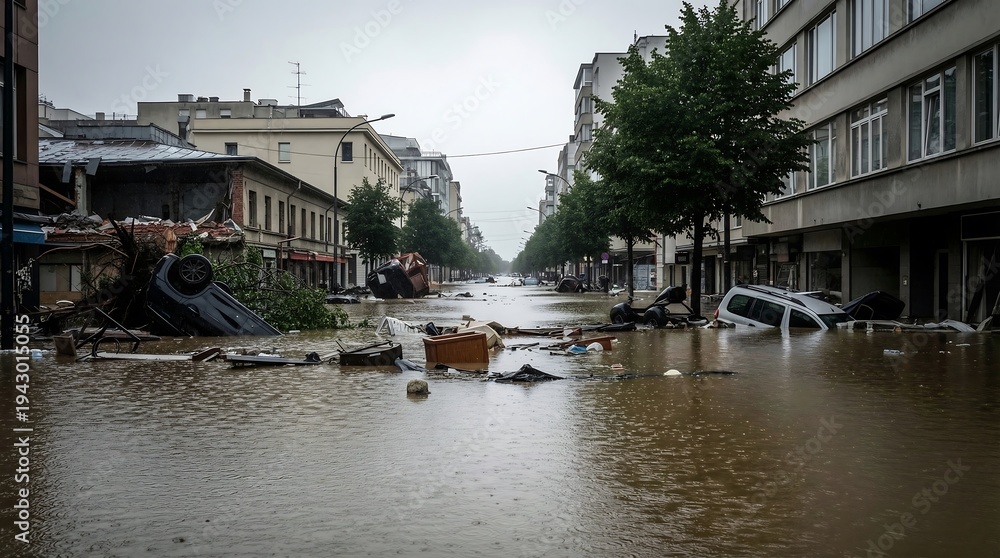 Fototapeta premium Flooded urban street with submerged vehicles and debris
