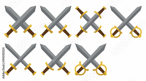 Seven sets of crossed swords with varying hilt designs, depicted in a simple, flat graphic style.