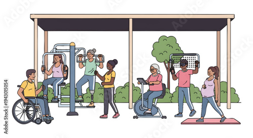 People exercising outdoors in a park with fitness equipment