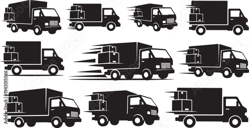 Collection of delivery trucks in various motion silhouettes