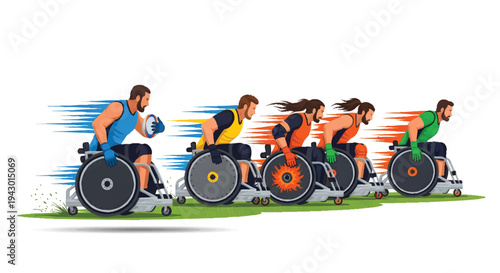 Paralympic cyclists racing on track, colorful illustration