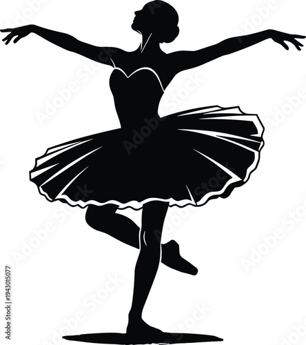 Elegant ballerina silhouette dancing, classical ballet dancer pose, tutu skirt movement, graceful female figure, cad drawing flat vector illustration isolated