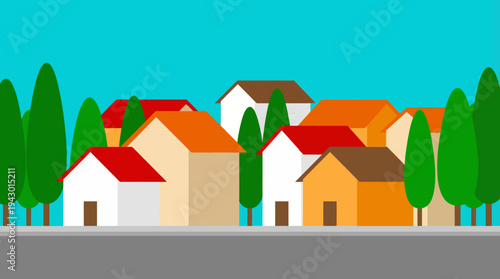 A flat design illustration of a colorful suburban neighborhood with houses and trees under a bright blue sky, depicting a peaceful residential area.