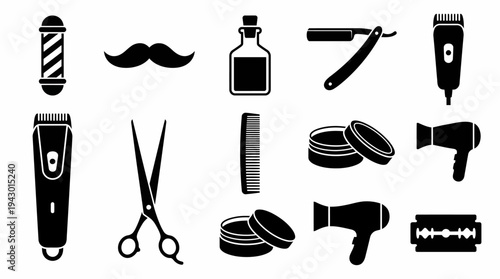 Collection of black silhouette icons representing various barber shop tools and men's grooming essentials on a white background.