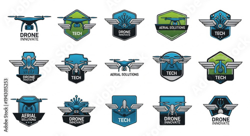 Collection of drone technology emblems and badges.