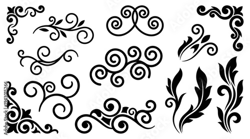 Elegant black swirl and scroll decorative design elements set on a white background.