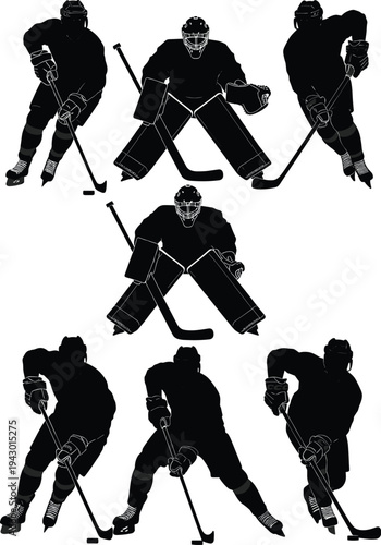 Ice hockey player silhouettes set featuring goalie and skaters in dynamic poses with sticks and puck, black vector illustration isolated for sports design, team branding, and athletic graphics
