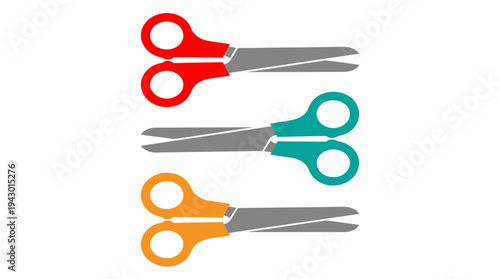 Three colorful pairs of scissors with red, teal, and orange handles arranged vertically on a white background.