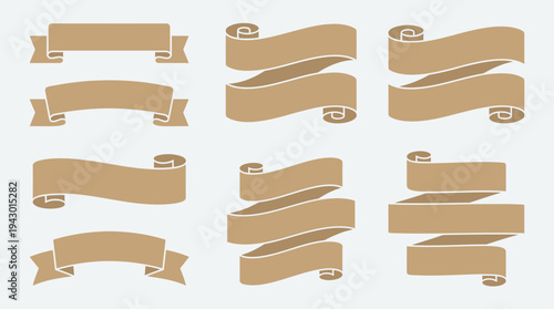 A collection of brown textured banner and ribbon designs in various styles and shapes, perfect for graphic design elements.