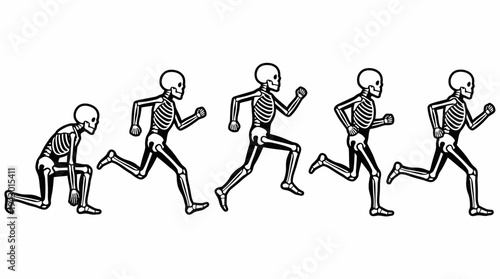 Black and white illustration showing a sequence of five skeletons in various stages of running, from a crouching start to a full running stride, depicting motion.
