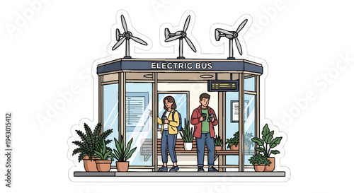 Eco friendly electric bus stop with wind turbines and people