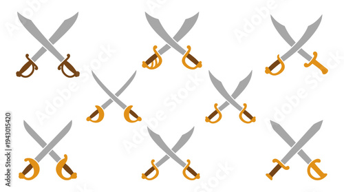 Eight pairs of crossed sabers or cutlasses with different handle designs, isolated on a white background.