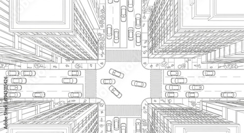Aerial view of a busy city street intersection with cars and buildings.