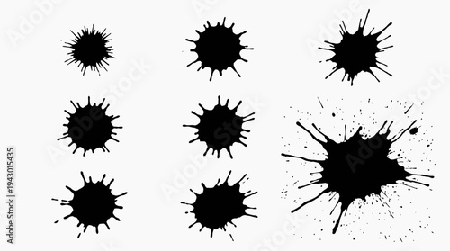 A collection of black ink splatters and paint splashes with irregular shapes and radiating tendrils on a clean white background, showing various sizes and textures.
