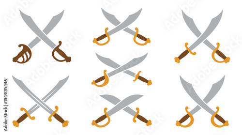 Six distinct vector illustrations of crossed pirate sabers or cutlasses with silver blades and golden hilts, arranged on a white background.