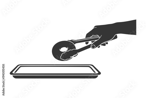 トングでドーナツをトレイに乗せる手のシルエットアイコン