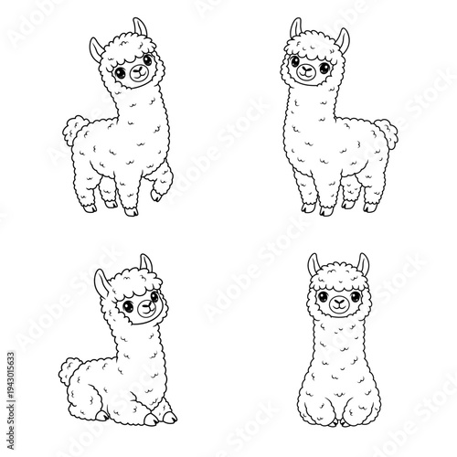 Llama line art vector set, black and white coloring book illustration