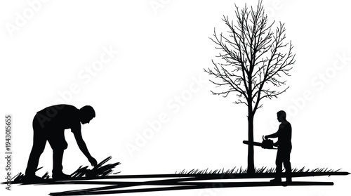 Silhouette of workers cutting tree with chainsaw and clearing grass illustrating forestry work, landscaping maintenance and outdoor labor