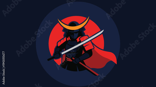 Stylized samurai warrior silhouette with a red cape and golden helmet detail, holding a katana sword within a red circle on a dark blue background, presented in a flat design style.