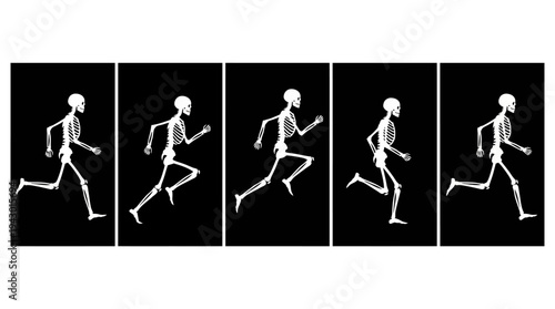 Five sequential panels illustrating a human skeleton running, demonstrating various stages of motion against a dark background.