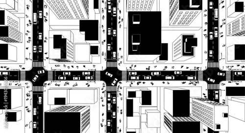 Aerial view of a busy city intersection with traffic and buildings.