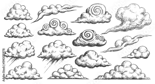 Hand Drawn Cloud Vector Set. Isolated Sketch Style Weather Elements Collection. isolated PNG with Transparent Background