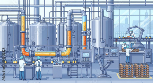 Industrial Factory with Workers and Machinery.