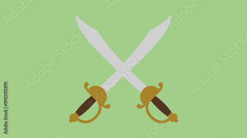 Two silver cutlass swords with golden hilts crossed over each other on a plain light green background, symbolizing conflict or piracy.